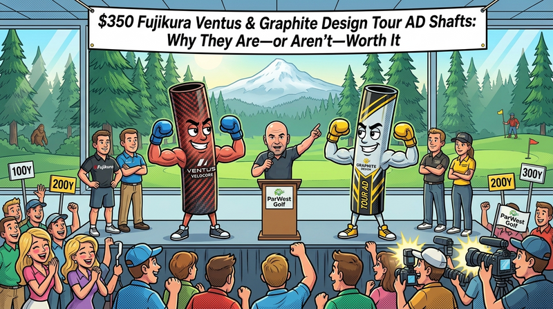 A cartoon-style promotional scene showing two oversized pencil-shaped objects flexing on a stage in front of a crowd, with a banner at the top reading '$350 Fujikura Ventus & Graphite Design Tour AD Shafts: Why They Are—or aren't—Worth It'.