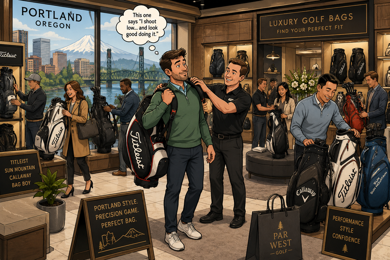 Golf store interior with customers and staff interacting with golf bags, featuring a cityscape mural on the wall.