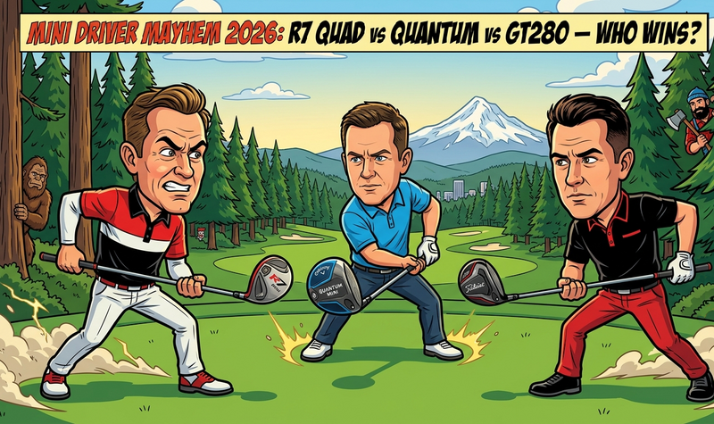 Three cartoon golfers in a showdown, each holding a mini driver, on an Oregon golf course