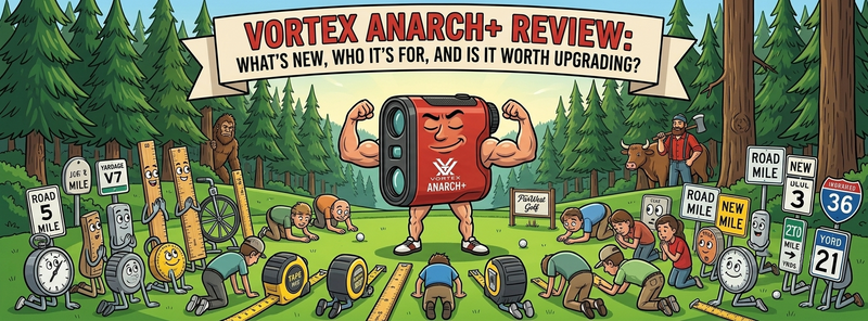 Vortex Anarch+ rangefinder cartoon character on an Oregon golf course fairway.