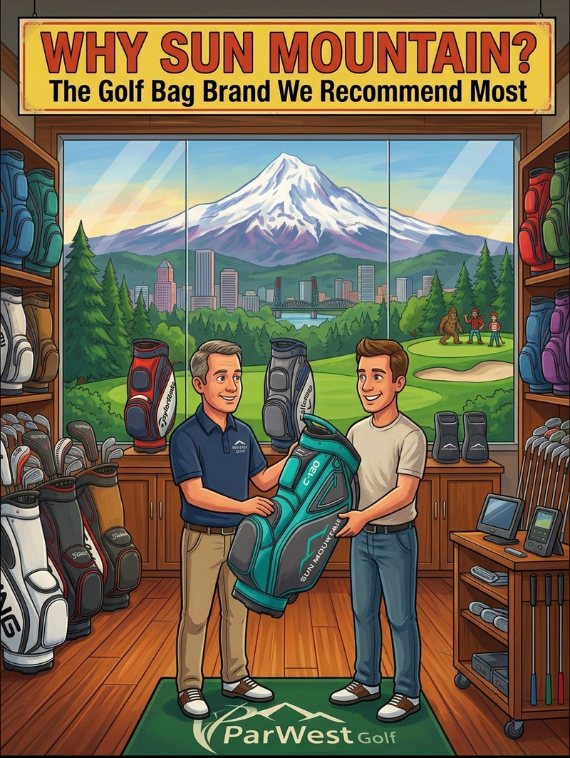 Two ParWest Golf staff holding a Sun Mountain golf bag in the Portland shop.