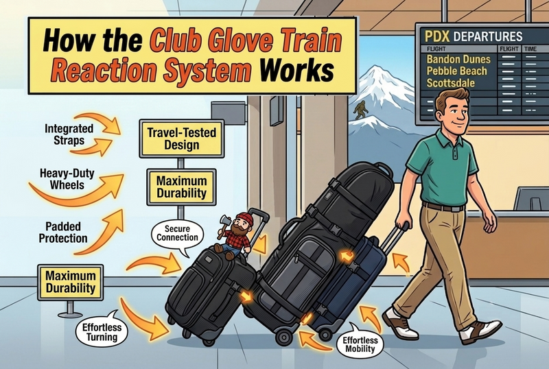 Golfer pulling connected golf travel cover, checked bag and carry-on using a luggage train system