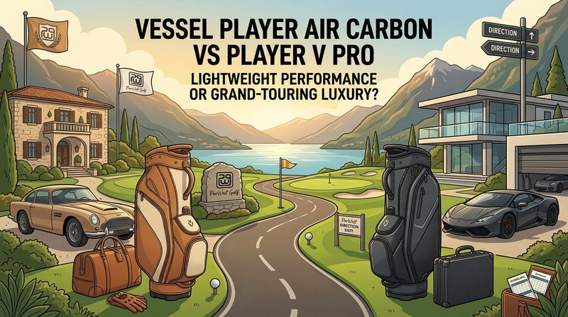 Vessel Player Air Carbon vs Player V Pro golf bag comparison graphic for ParWest Golf